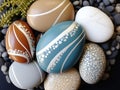 A painted flat pebble with abstract wave patterns and dots on top of a pile of stones.