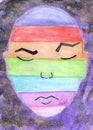 Painted frown face, smiley face, painted with rainbow colors against the cosmic starry sky. Drawing paints. A man in