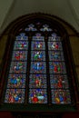 Painted glass on a church at Brugge in Bruges, Belgium, Europe Royalty Free Stock Photo