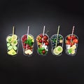 Painted glasses with fresh food ingredients for smoothies, drinks on black chalkboard. Square crop. Assortment of Royalty Free Stock Photo