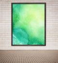 Painted green watercolor picture with wooden frame