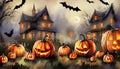 painted halloween night village with bats