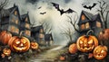 painted halloween night village with bats