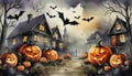 painted halloween night village with bats