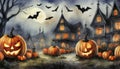 painted halloween night village with bats