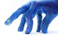 painted hand, blue dinosaur