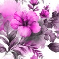 Painted hand drawn watercolor pink violet color hibiscus flowers seamless pattern background illustration with blossom flowers, Royalty Free Stock Photo