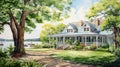 Realistic Watercolor Painting Of Cottage On Brooke