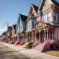 Painted houses on a street in futuristic Victorian style