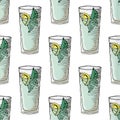 Painted illustration with drinks. A glass of mohito. Seamless pattern. Royalty Free Stock Photo