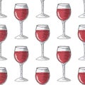 Painted illustration with drinks. Glass of red wine. Seamless pattern.