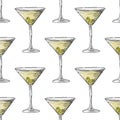 Painted illustration with drinks. Martini with olives. Seamless pattern.