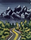 Painted illustration of the roud with mountains
