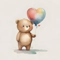 Painted illustration of a teddy bear holding a colorful heart-shaped balloon on a white isolated backgr Heart as a symbol of Royalty Free Stock Photo