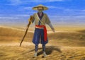 Painted Illustration of Wise Old Traditional Asian Man Walking Through Desert