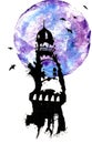 a painted lighthouse in the theme of space Royalty Free Stock Photo