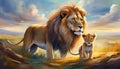 painted lion with a small lion in the grass