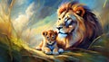 painted lion with a small lion in the grass