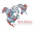 Painted map of North America. Doodle vector continent.