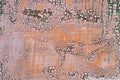 Close-up of a metal or steel plate, covered with old paint. Cracking and flaking paint on rusty iron background. Royalty Free Stock Photo