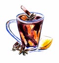 Painted mug with mulled wine, cinnamon, cardamom and orange