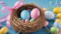 multicolored eggs in a basket, Easter, birds nest, wicker basket, pink bow