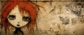 Painted mural of a pretty young girl with vibrant red hair and captivating eyes- generative AI