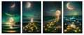 painted night landscape. set of backgrounds with stars, moon, flowers and sea Royalty Free Stock Photo