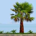 Painted palm tree on green grass next to the sea