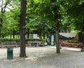 Painted panel illustrates renovation underway in Rodin Museum grounds, Paris, France