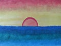 Painted picture of sunset at sea coast with different shades of colors.