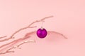 Painted pink branch with glittering purple ornament ball isolated on pastel pink background. Christmas decoration concept. Copy Royalty Free Stock Photo