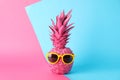 Painted pink pineapple with sunglasses on two tone background Royalty Free Stock Photo