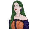 Painted portrait of a haughty woman with green hair.