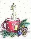Painted postcard `Festive cup of tea` Royalty Free Stock Photo