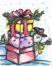 Painted postcard `Snowman with gift` Royalty Free Stock Photo