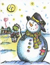 Painted postcard `Snowman with gift`