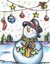 Painted postcard `Snowman with gift`