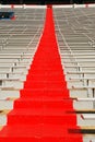 A painted red aisle travels up past the bleachers of a football stadium