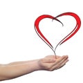 Painted red heart shape love symbol made by happy child at school, held in human man or woman hand Royalty Free Stock Photo