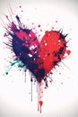 Painted red heart with splattered paint, white background. Heart as a symbol of affection and