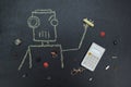 Painted robot with electric parts and calculator