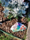 Painted rock on garden bed Royalty Free Stock Photo