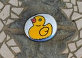 Painted rock with little yellow duckie in water Royalty Free Stock Photo