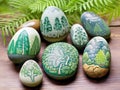 Painted round natural stones with decorated forest landscape Royalty Free Stock Photo