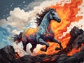 Painted running horse on lava world. Ai generated