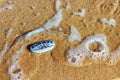 Painted sea pebbles on a summer beach in the oncoming wave.