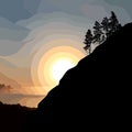 Painted silhouette of a mountain with trees on a sunset background