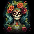 Painted skull of a woman with long hair, decorated with orange roses on a dark background. For the day of the dead and Halloween