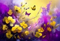 Painted spring background in purple-yellow flowers with butterflies and hearts. AI Generated Royalty Free Stock Photo